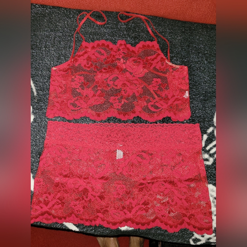 Vintage Victorias Secret Lace Bralette and Skirt Set - Red